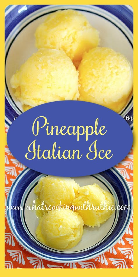 Our Pineapple Italian Ice Recipe is a delightful way to end your evening meal! Pineapple ice is also known as pineapple water ice–it’s a simple and refreshing recipe that will please all your guests. Our pineapple Italian ice has fresh pineapple, agave, honey, lemon juice, and ice cubes! #summerrecipe #pineapplerecipe #pineappleitalianice #italianicerecipe #italianice #pineapple refreshingrecipe || cookingwithruthie.com Water Ice Recipe, Italian Ice Recipe, Ice Recipes, Ice Recipe, Sherbet Recipes, Icee Recipe, Sorbet Ice Cream, Pineapple Water, Creami Recipes