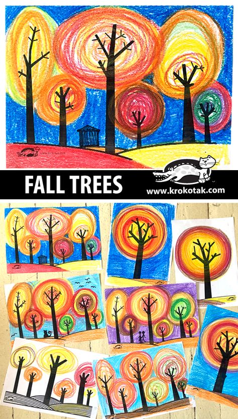 krokotak | FALL TREES 1st Grade Art Projects Back To School, Fall Art Project 3rd Grade, Fall Mosaic Art Projects, Color Lessons For Elementary Art, Halloween Story And Craft, Fall Classroom Art Projects, Color Art Lessons For Kindergarten, Kindergarten September Art, September Crafts For Middle School