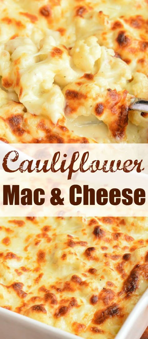 Cauliflower Mac and Cheese is creamy, cheesy, and comforting. It’s made with cauliflower, creamy cheese sauce, and baked with more cheese on top. #cauliflower #lowcarb #cheesesauce #cheesy #macandcheese