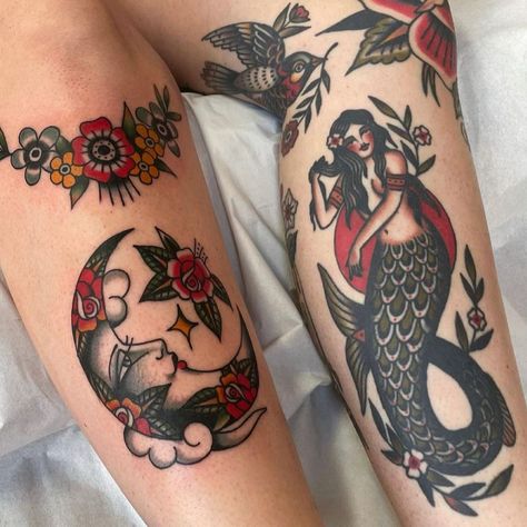 Traditional Thigh Tattoo, Traditional Mermaid Tattoos, Old School Tattoos, Traditional Tattoo Inspiration, Celestial Tattoo, Rotterdam Netherlands, Sick Tattoo, Traditional Ink, Mermaid Tattoo