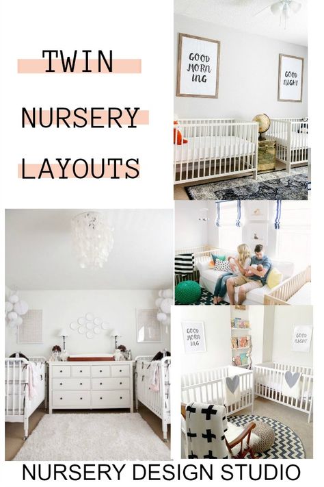 TWIN NURSERY LAYOUTS Twins Nursery Small Room, Small Nursery Layout For Twins, Sharing Nursery With Sibling, Twin Nursery Ideas For Small Room, Twin Nursery Set Up Layout, Nursery Two Cribs, Neutral Twin Nursery Ideas, Unisex Twin Nursery, Tiny Twin Nursery