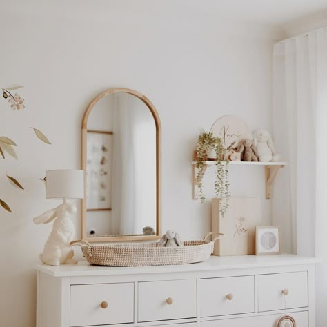 Mirror In Baby Nursery, Arched Mirror Nursery, Nursery Mirror And Shelves, Arch Mirror Nursery, Above The Dresser Nursery Decor, Wall Shelves Above Dresser, Nursery Gold Mirror, Arch Mirror Above Dresser, Nursery Dresser With Mirror