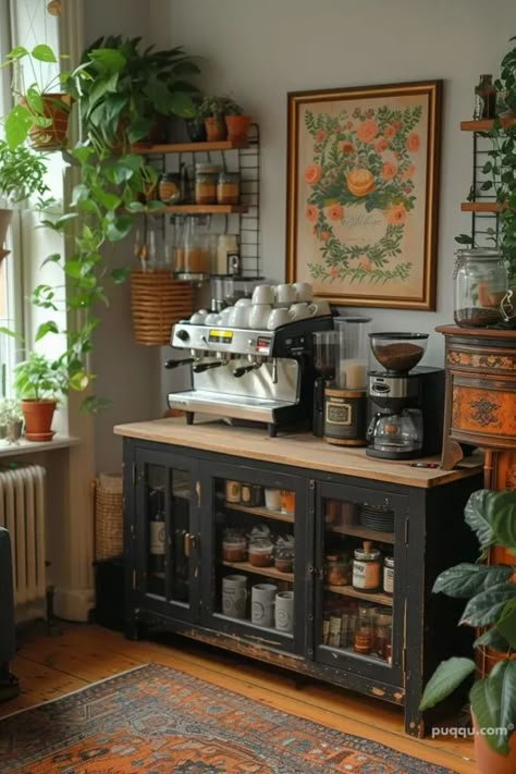 Sunroom Coffee Bar, Home Coffee Bar Modern, Kitchen Buffet Cabinet Coffee Bar, Apt Coffee Bar, Luxury Home Coffee Bar, Hallway Coffee Station, Cozy Coffee Station, Coffee Bar Espresso Machine, Studio Coffee Bar