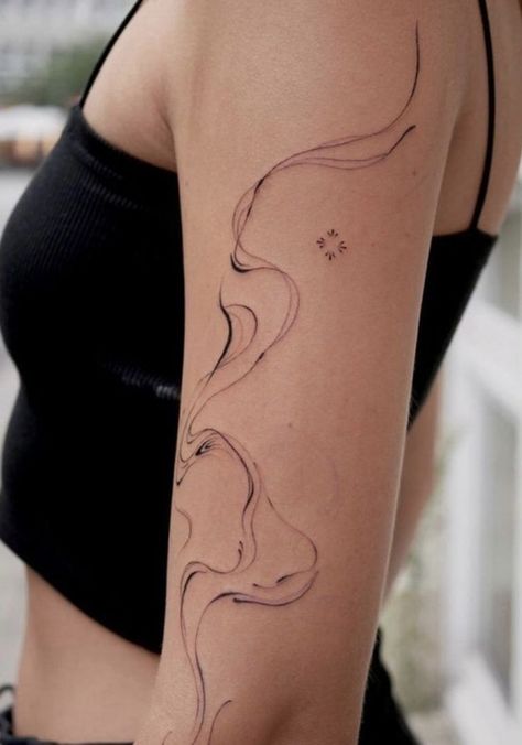 L o r e e e h h Delicate Watercolor Tattoo, Wavy Tattoo Design Arm, Wavy Abstract Tattoo, Wavy Liquid Tattoo, Back Abstract Tattoo, Korea Inspired Tattoo, Douyin Tattoo, Arm Wrap Around Tattoo, Shoulder Line Tattoo