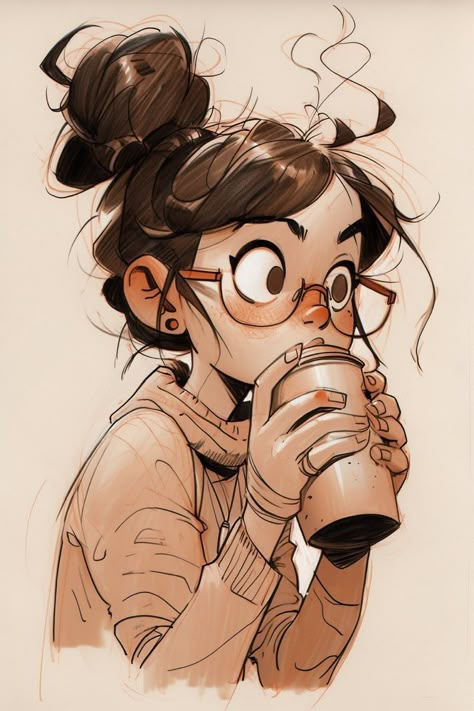 Cartoon Self Portrait Character Design, Human Face Illustration, Mum Character Design, Coffee Cup Art Illustration, Semi Realistic Cartoon Style, Female Character With Glasses, Cartoon Drawings People, Charectors Design Idea, Drinking Coffee Drawing