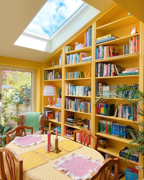 Complementary Colors Interior, Dayroom Yellow, Blue Bookshelves, Feng Shui Colors, Art Deco Style Interior, Maximalist Interior Design, Colorful Homes, Maximalist Interior, Maximalist Home