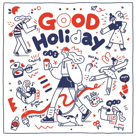 Good holiday on Behance 심플한 그림, 강아지 그림, Doodle Illustration, People Illustration, Line Illustration, Flat Illustration, Illustration Character Design, Flat Design, Graphic Design Inspiration