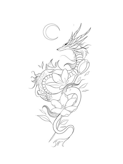 Dragon Tattoo For Women Back, Flower Dragon Tattoo, Dragon Outline Tattoo, Feminine Dragon Tattoo For Women, Floral Dragon Tattoo, Females Tattoos, Small Dragon Tattoo, Dragon Tattoo Outline, Dragon Outline