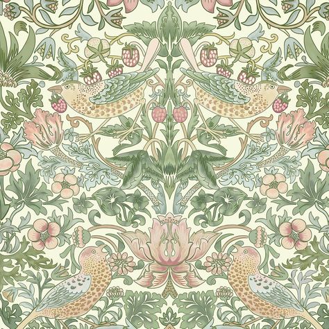 Peel & Stick Floral Wallpaper, William Morris Strawberry Thief Pattern, Green Color Theme, Self-Adhesive Removable Wallcovering, Mural Wallpaper by Green Planet Print (Sample 7" x 10") Morris Tapet, Strawberry Thief Wallpaper, Thief Wallpaper, Wallpaper William Morris, Green Color Theme, Cottage Tudor, Morris Homes, William Morris Strawberry Thief, William Morris Wallpaper