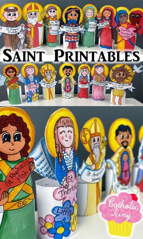 All Saints day party idea- print these Saint symbol labels to pair with normal food and turn them into saintly treats! #catholicicing #allsaintsday #catholickids #liturgicalliving #saints #domesticchurch #saintsforkids Saints Day Crafts For Kids, All Saints Activities For Kids, All Saints Day Activities For Kids Catholic School, Catholic Halloween Crafts, Saint Activities For Kids Catholic, Saint Crafts For Kids, All Saints Day Crafts For Kids, Rosary Activities For Kids, All Saints Day Crafts