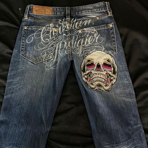 Christian Audigier Skull Denim Vintage Jeans Christian Audigier Jeans, Skull Jeans, Thrift Inspo, Cool Buttons, Christian Audigier, 9th Grade, Leather Tag, Ghost Hunting, Cool Fits