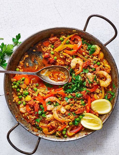 Smoky prawn and chorizo ‘paella’ recipe | Sainsbury's Magazine Prawn Paella Recipe, Prawn Paella, Prawn And Chorizo Recipes, Prawn And Chorizo, Prawn Chorizo, Chicken And Chorizo Paella Recipe, Prawn And Chorizo Paella, Seafood And Chorizo Paella, Spanish Paella