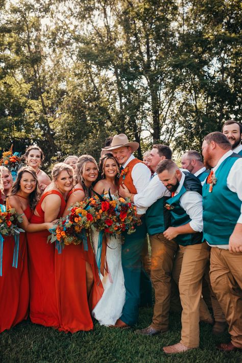 Teal And Orange Wedding Theme, Teal And Burnt Orange Wedding Dress, Country Wedding Colors Summer, Teal And Rust Bridesmaid Dresses, Teal Blue And Burnt Orange Wedding, Dark Teal And Burnt Orange Wedding Theme, Deep Teal And Rust Wedding, Dark Teal And Burnt Orange Bridesmaid Dresses, Burnt Orange Weddings Groomsmen Jeans