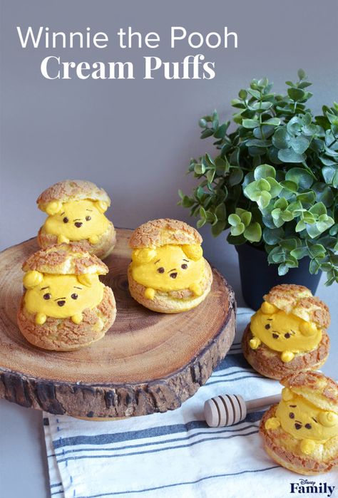 These Winnie the Pooh Cream Puffs Are As Sweet As Hunny Mini Patisserie, Honey Whipped Cream, Disney Baking, Choux Cream, Desserts Cheesecake, Kid Cakes, Disney Inspired Food, Fruit Carvings, Disney Foods