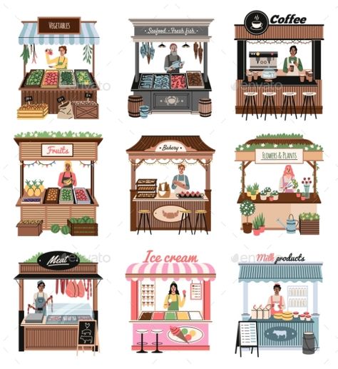 Shop Booth Fruit Stall Drawing, Bloxburg Market Stall, Bakery Booth Ideas, Market Stall Drawing, Bazaar Booth Ideas, Stall Illustration, Creative Booth Design, Booth Drawing, Market Cartoon