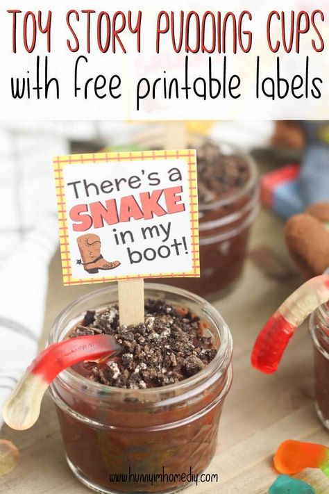 This Snake in My Boot dessert is perfect for your Toy Story party! And if you're looking for Toy Story party food, you'll find tons of great Toy story birthday party food ideas, too! After looking through all the Toy Story party ideas, you can also get some Toy Story party printables free. This snake in my boot pudding is great for a Woody birthday party and is one of the best Woody party ideas! #ToyStory #Wood #Snakeinmyboot Snake In My Boot Dessert, Toy Story Finger Foods, Toy Story Appetizers, Toy Story Drink Ideas, Toy Story Themed Snacks Parties Food, Toy Story Snacks, Toy Story Appetizers Food Ideas, Toy Story Desserts, Toy Story Snack Ideas