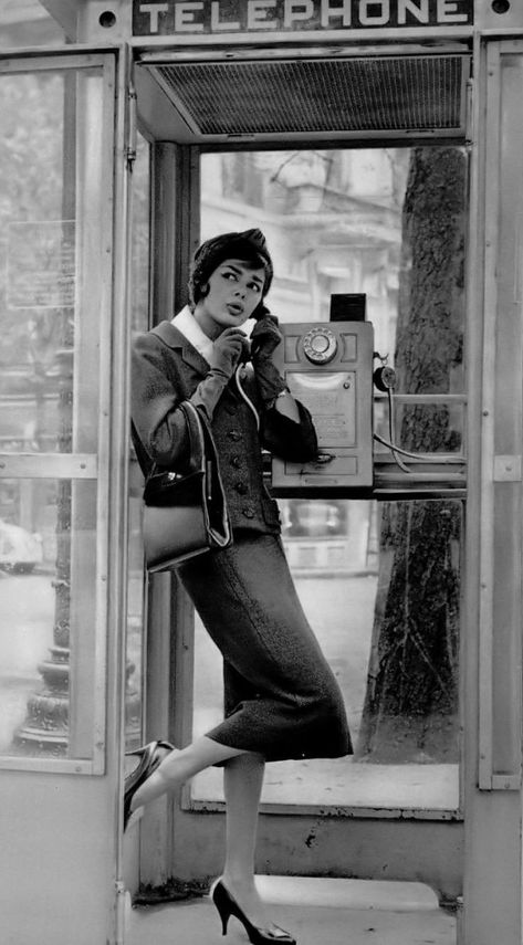 French Designers, The Last Laugh, Vintage Phones, The Fifties, Phone Booth, Vintage Magazines, Fashion Icons, Wool Suit, 1950s Fashion