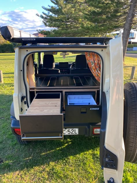 suzuki jimny fitout Jimny Suzuki Camping, Suzuki Jimny Camper, Suzuki Jimny Aesthetic, Suzuki Jimny Camping, Suzuki Jimny Interior, Camper Jeep, Jimny Interior, Jimny Camping, Jimny Camper