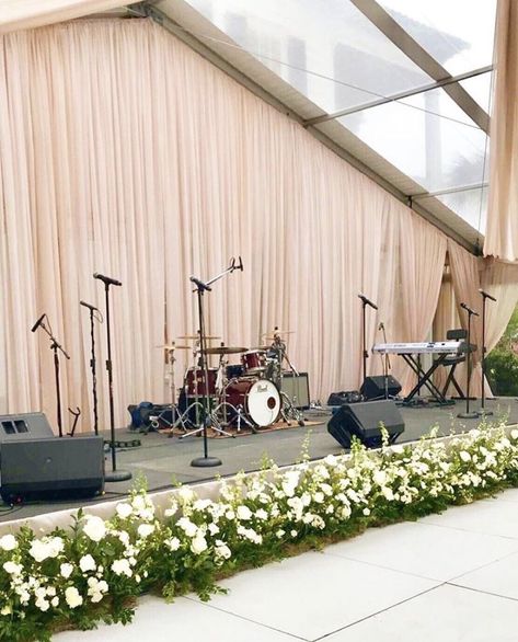 Champagne Curtains, Flowers In Planters, Stage Facade, Band Backdrop, Church Stage Decor, Band Stage, Reception Tablescapes, Aisle Flowers, Church Stage Design