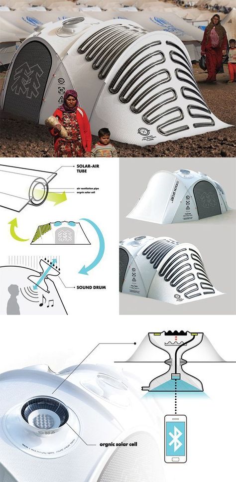 This 'new-generation outdoor tent' is a nature-interactive and energy-independent tent with two main parts: the Solar-Air Tube system that generates electricity, and creates airflow throughout the tent; and the Sound Drum which captures sounds to interact with nature even when inside... - Yanko Design  Ah bundan orta asyada olaydı ne rahat ederdik :) New Inventions Products, Modern Anti-theft Backpack For Outdoor, Tent Security Camping, Futuristic Inventions, Solar Tent, Tent Inspired Architecture, Tenda Camping, Auto Camping, Functional Anti-theft Hiking Bags