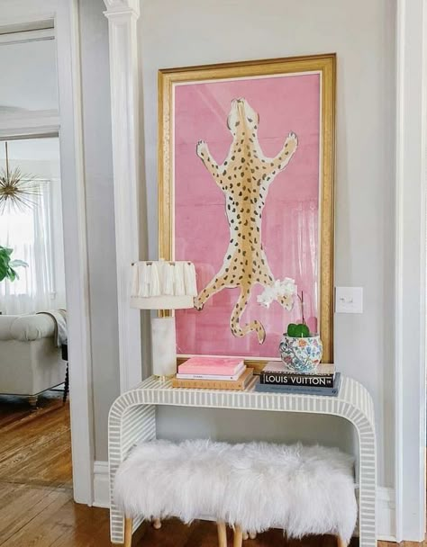 Dana Gibson Art, Dana Gibson Design, Girly Maximalist Decor, Bright Colorful Office, Feminine Apartment Decor, Cute Hallway, Preppy Interior, Preppy Apartment Decor, College Living Room