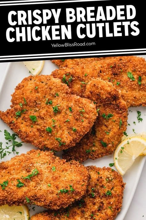 Breaded Chicken Cutlets give you moist pieces of chicken that are coated in a golden, crispy breading. They are much easier to make than you think and are ready in under 30 minutes. Chicken Bread Crumbs, Bread Cutlet, Pecan Bars Recipe, Bread Crumb Chicken, Yellow Bliss Road, Breaded Chicken Recipes, Chicken Cutlet Recipes, Breaded Chicken Cutlets, The Best Chicken Recipes