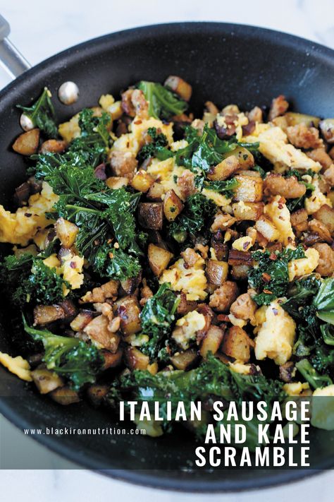 Italian Sausage + Kale Scramble — Black Iron Nutrition | Nutrition & Training Coaching Eggs And Kale, Sausage And Kale, Sausage Kale, Med Diet, Gf Breakfast, Easy Lunch Recipes, Sausage And Egg, Easy Lunches, Quick Breakfast