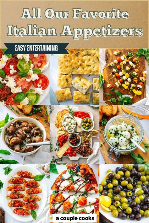 These Italian appetizers are crowd-pleasing starters to any Italian-style meal! Pick from bruschetta, crostini, caponata and more. #italian #italianappetizer #italianappetizerrecipes Easy Italian Finger Foods, Italian Party Appetizers For A Crowd, Party Appetizers Italian, Italian Dinner Party Appetizers, Italian Food Party Ideas Appetizers, Italian Antipasto Skewers, Italian Small Bites, Italian Horderves Appetizers, Italian Aperitivo Food