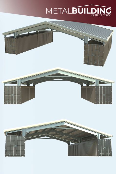 Shipping container roofs are perfect for maximizing the space you already have. They provide an open-air, weather-resistant area ideal for working or storing items. Steel shipping container covers can be mounted on the outer sides of your containers, fully covering them and providing dry storage on top. Click to see our shipping container roof kits and get a quote today. Roof Over Two Shipping Containers, Shipping Container Carport Garage, Shipping Container Office Building, Shipping Container Pavilion, Shipping Container Warehouse, Shipping Container Windows, Shipping Container Shop Ideas, Shipping Container Sheds Storage, Container Roof Ideas