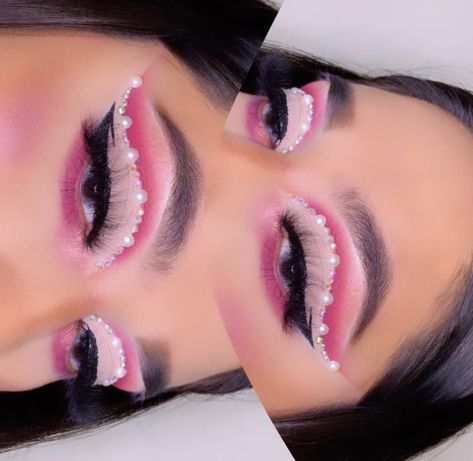 Soft Glam Valentine Makeup, Hot Pink Rave Makeup, Valentine’s Day Make Up Looks Pink, Full Glam Pink Makeup, Rhinestone Eyeshadow Look, Pink Makeup With Pearls, Pink Valentine’s Day Makeup, Pink Makeup Looks With Rhinestones, V Day Makeup Looks