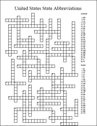 Free U.S. State Abbreviations Crossword Puzzle Printable | RealLifeAtHome.com Fun Puzzles For Adults, Fill In Crossword Puzzles Printable, Puzzle Printable, Us Geography, State Abbreviations, Cc Cycle 3, States And Capitals, Teaching Geography, 5th Grade Social Studies