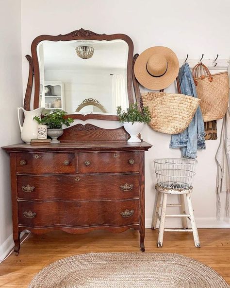 Thrifted Furniture Aesthetic, Vintage Dresser Aesthetic, Antique Wood Dresser, Antique Dresser Bedroom Decor, Antique Dresser Bedroom, Dresser Bedroom Decor, Dresser Aesthetic, Goals 2025, Thrifted Furniture