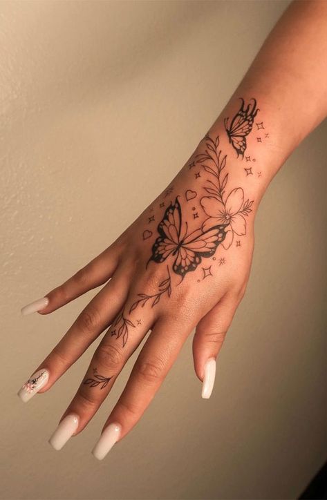 Women Eyes, Butterfly Hand Tattoo, Unique Butterfly Tattoos, Tato Minimal, Tato Henna, Hand And Finger Tattoos, Cute Hand Tattoos, Pretty Hand Tattoos, Forearm Tattoo Women