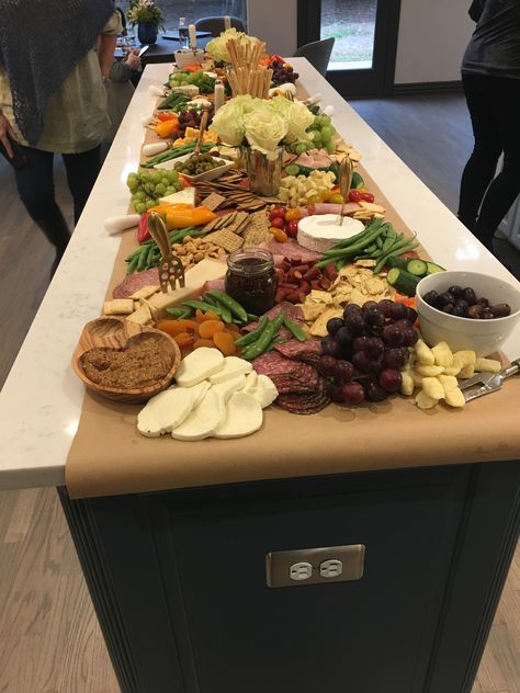 Butcher paper down the kitchen Island makes a fantastic cheeseboard Island Cheese Board, Grazing Table Kitchen Island, Island Grazing Table, Grazing Table On Kitchen Island, Butcher Paper Buffet Table, Charcuterie Board Kitchen Island, Charcuterie Board On Kitchen Island, Charcuterie Board On Counter Top, Charcuterie On Island