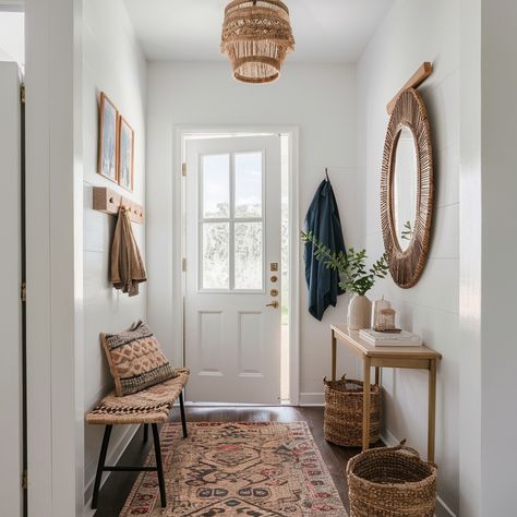 A modern bohemian home filled with warm tones and unique textures 🧡 Is this your vibe? White Boho House, Apartment Entry Way, Modern Boho House, Bohemian Entryway, Woven Pendant Light, Slim Console Table, Boho Entryway, Airy Aesthetic, Modern Bohemian Home