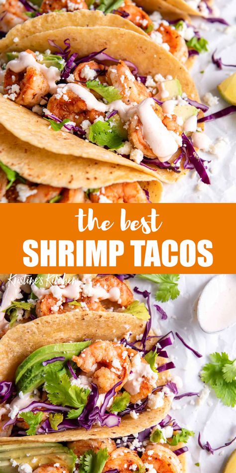 These shrimp tacos are easy to make and ready in 30 minutes! Succulent shrimp, crunchy cabbage and a creamy, spicy sauce are served in warm tortillas. So good! Boom Boom Shrimp Tacos Recipe, Popcorn Shrimp Tacos With Cabbage Slaw, Shrimp Tacos With Sauce, Fried Shrimp Tacos Sauce, Fish And Shrimp Tacos Recipes, Street Shrimp Tacos Recipe, Chili's Shrimp Tacos Copycat, Easy Shrimp Taco Recipe, Fried Shrimp Tacos With Cabbage Slaw