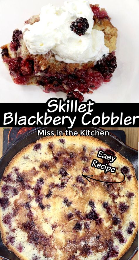 Skillet Blackberry Cobbler is a classic dessert to bake for any day of the week. It's made with just a few pantry ingredients and fresh blackberries for a super simple dessert that everyone will enjoy. Top it off with sweetened whipped cream or vanilla ice cream for an extra special treat. Blackberry Dessert Recipes, Skillet Dessert, Small Home Kitchen, Blackberry Dessert, Cobbler Recipes Easy, Cobbler Easy, Blackberry Cobbler, Peach Cobbler Easy, Pantry Ingredients