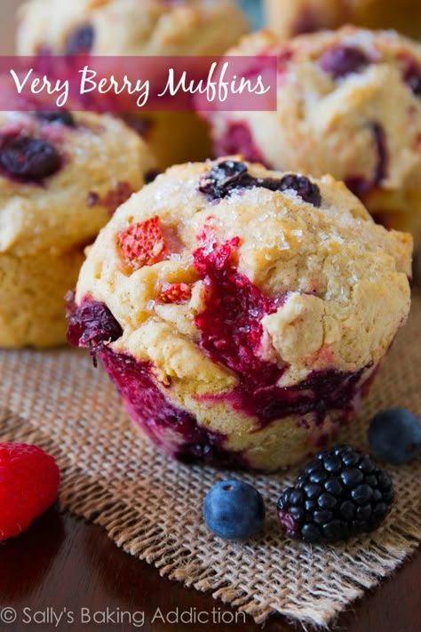 Jumbo Bakery-Style Very Berry Muffins, exploding with juicy berries in every single bite! @Sally McWilliam McWilliam McWilliam McWilliam [Sally's Baking Addiction] Triple Berry Muffins, Berry Muffin Recipe, Mixed Berry Muffins, Berry Desserts, Fruit Muffins, Bakery Style Muffins, Berry Muffins, Berry Dessert, Homemade Muffins