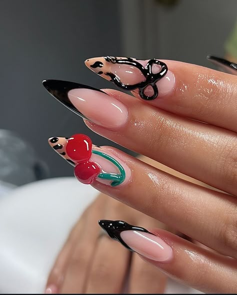 Long Nails Vacation, Nail Ideas Trending Now, How To Show Nails In Photos, Nail Almond Shape Ideas, Roman Numeral Nails, Acrylic Nails With Different Designs On Each Nail, Long Almondetto Nails, Cherry Lepord Nails, Almond Nails Designs Cheetah