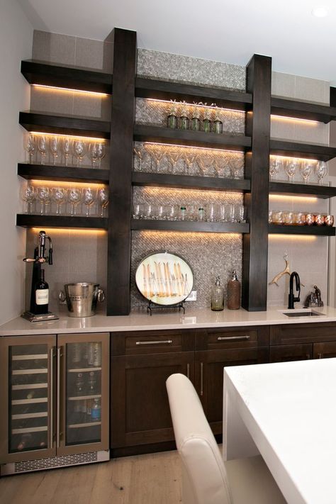 Outside Wet Bar Ideas, Bar In Wall Niche, Custom Bar Small Space, Inside Bars Ideas, Basement Bar And Office, Wet Bar Area In Home, Wall Bar In Dining Room, Bar In Bonus Room, Enclosed Bar Ideas For Home