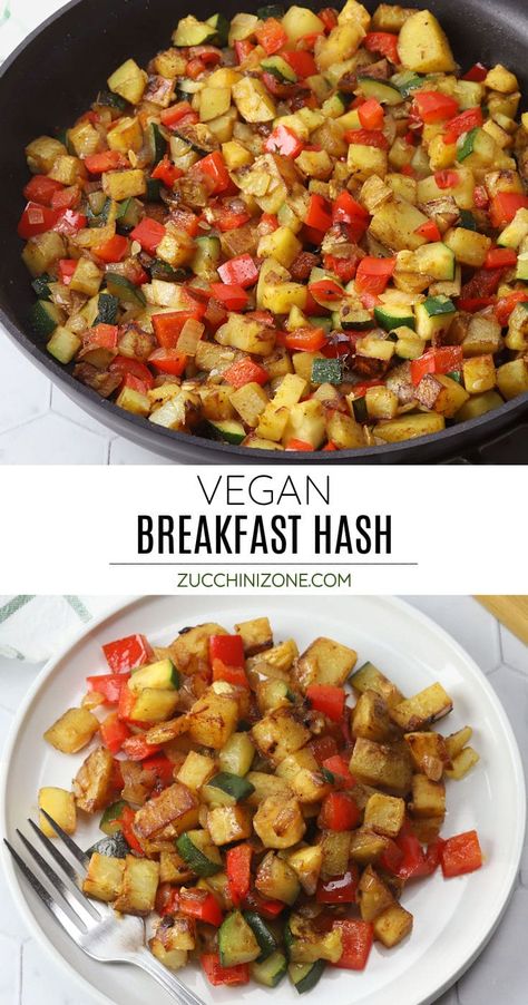 Vegan breakfast hash recipe by Zucchini Zone. This vegan breakfast hash is the perfect way to start your day. It's filled with nutritious vegetables like zucchini, onion, bell pepper, and potatoes, plus plenty of savory spices. #vegan #breakfasthash #breakfast #vegetables #hashbrowns #potatoes #zucchini #bellpepper #breakfastvegetables #recipe Burrito Vegan, Wallpaper Food, Sautéed Mushrooms, Hash Recipe, Apple Recipes Easy, Breakfast Hash, Plant Based Breakfast, Tofu Scramble, Healthy Ingredients