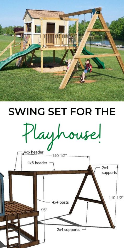 Homemade Backyard Playground, Diy Playhouse Outdoor Plans, Underneath Playset Ideas, Diy Playhouse Swingset Plans, Build Your Own Swingset, How To Build Playground, Diy Wooden Swingsets, Homemade Play Set, Playset Ideas Backyard