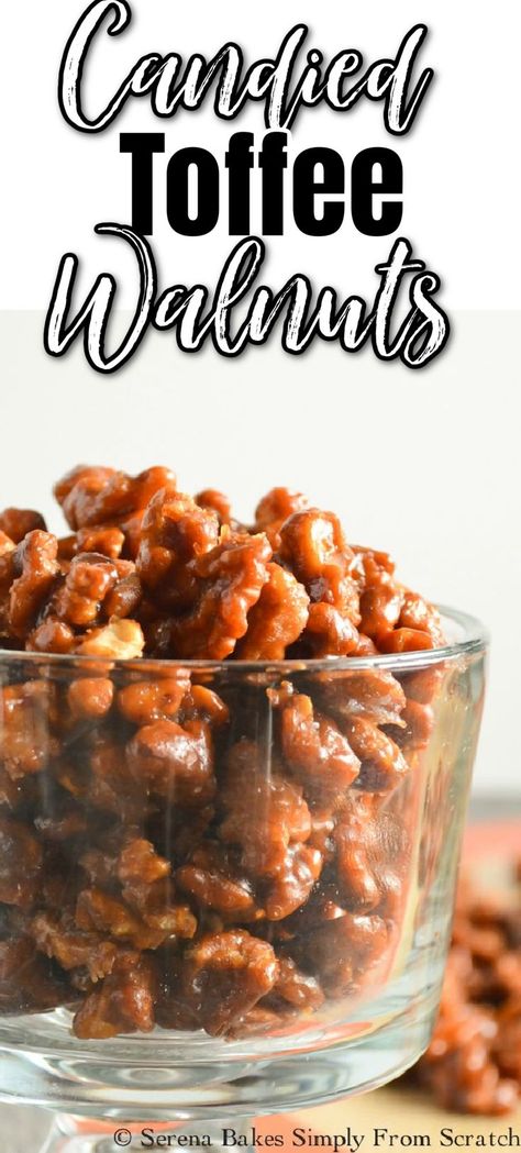 A glass jar full of Candied Toffee Walnuts. White text with black outline at the top Candied, black text Toffee, and white text with black outline Walnuts. Chocolate Walnuts Candy, Toffee Nuts Recipe, Candied Nuts Gift, Toffee Covered Nuts Recipe, Caramel Walnuts Recipes, Walnut Toffee Recipe, Butter Toffee Cashews Recipe, Toffee Almonds Recipe, Toffee Walnuts Recipe