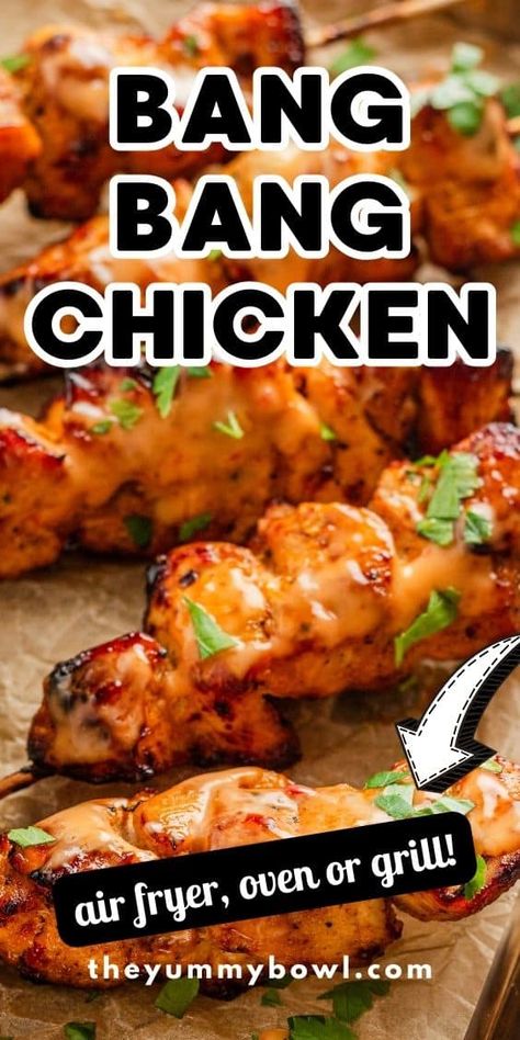 Juicy chunks of chicken on skewers, generously smothered in sweet and tangy bang bang sauce, cooked to tender, caramelized perfection. Enjoy it as a satisfying entrée or share it as a party snack, these Bang Bang Chicken Skewers taste incredible! Air Fryer, Oven or Grilled! Grilled Chicken On The Grill, Band Bang Chicken Skewers, Grill Chicken Recipes For Dinner, Good Grilled Chicken Recipes, Kristin Cavallari Bang Bang Chicken, Bangbang Chicken Skewers, Easy Chicken Bbq Recipes, Chicken Dinner Recipes Summer, Bang Bang Chicken Skewers Grilled