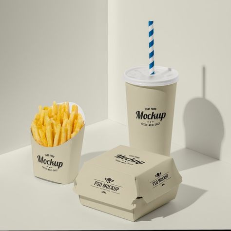 Fast Food Branding, Fries Packaging, Branding Mockups Free, Burger Branding, Burger Packaging, Fast Food Logos, Food Mockup, Free Packaging Mockup, Design Mockup Free