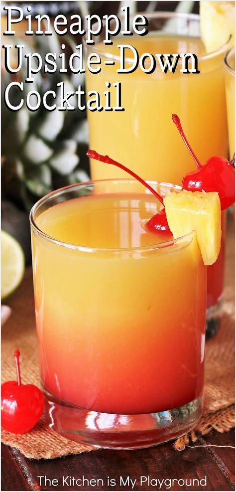 Pineapple Upside-Down Cocktail Upside Down Cocktail, Pineapple Upside Down Cake Drink, Pineapple Upside Down Cake Shot, Drinks With Grenadine, Fruity Cocktail Recipes, Drinks With Pineapple Juice, Vodka And Pineapple Juice, Fruity Mixed Drinks, Fruity Alcohol Drinks