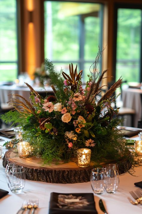 Take your forest wedding decor to the next level with 52 stunning centerpiece ideas. Each one blends earthy vibes with sophisticated design for a breathtaking look. Your dream wedding starts here—click to see them all! #rusticdetails #forestlove #weddingmagic Enchanted Evening Centerpieces, Into The Woods Wedding, Nature Themed Wedding Reception, Eclectic Woodsy Wedding, Rustic Forest Wedding Decor, Cottage Core Centerpieces, Wood Table Decor Wedding, Wood Slab Centerpieces, Forest Centerpiece Ideas