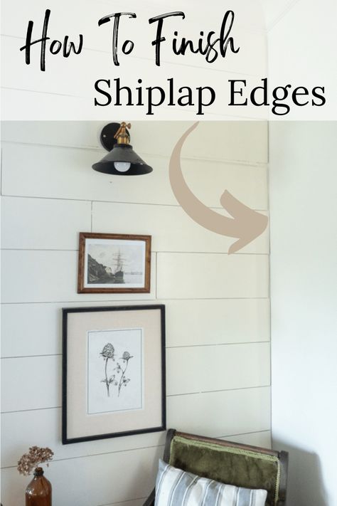 How to Make Your Shiplap Edges Look Finished - The Morris Mansion Shiplap Ceiling Trim, Framed Shiplap Wall, Shiplap Wanescoting Ideas, How To Finish Shiplap Edge, Shiplap Edge Trim, Shiplap Wall Trim Ideas, Shiplap Over Paneling, Shiplap Wall Trim, Vertical And Horizontal Shiplap Together