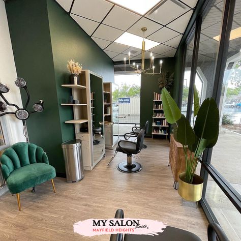 Green And Gold Salon Suite, Retro Salon Suite, Sage Green Salon Suite, Emerald Green Hair Salon, Emerald Green Salon Suite, Green And Black Salon, Green Hair Salon Interior Design, Sage Green Salon Decor, Hair Salon Paint Colors Ideas