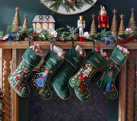 Rifle Paper Co. Nutcracker Embroidered Velvet Christmas Stocking Collection | Pottery Barn Kids Nutcracker Collection Display, Old School Christmas Decorations, Night Before Christmas Party, Paper Christmas Stocking, Crow Christmas, July Inspiration, Velvet Christmas Stocking, Nutcracker Characters, Cottagecore Christmas